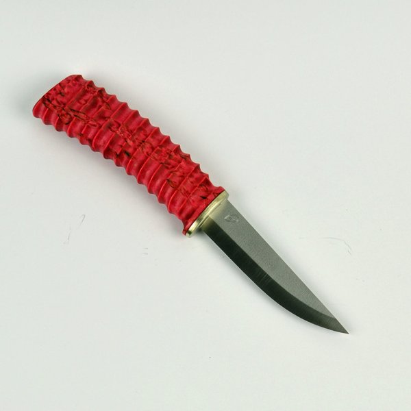 Knife with GRIP-handle made of red stabilised curly birch